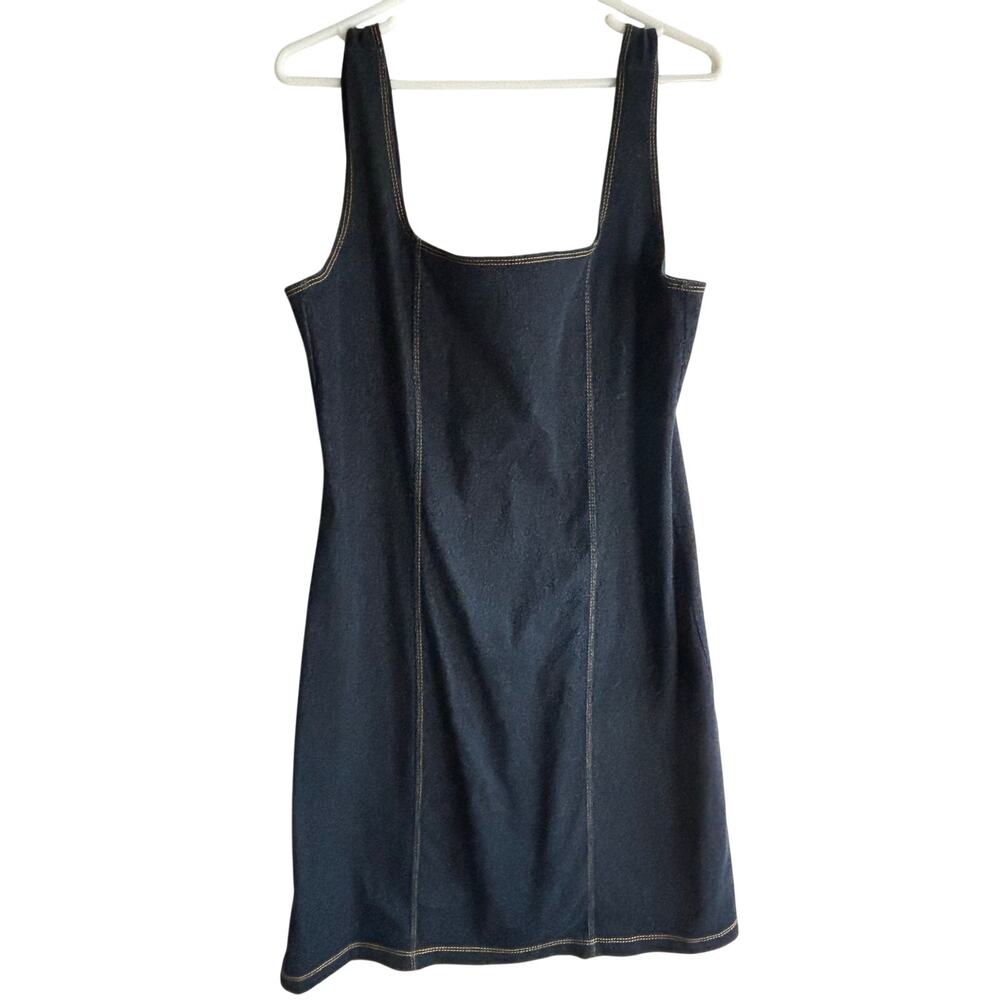 Vntg 90s Denim Bodycon Dress Fashion Bug Dark Wash White Stitch Womens Large Y2K